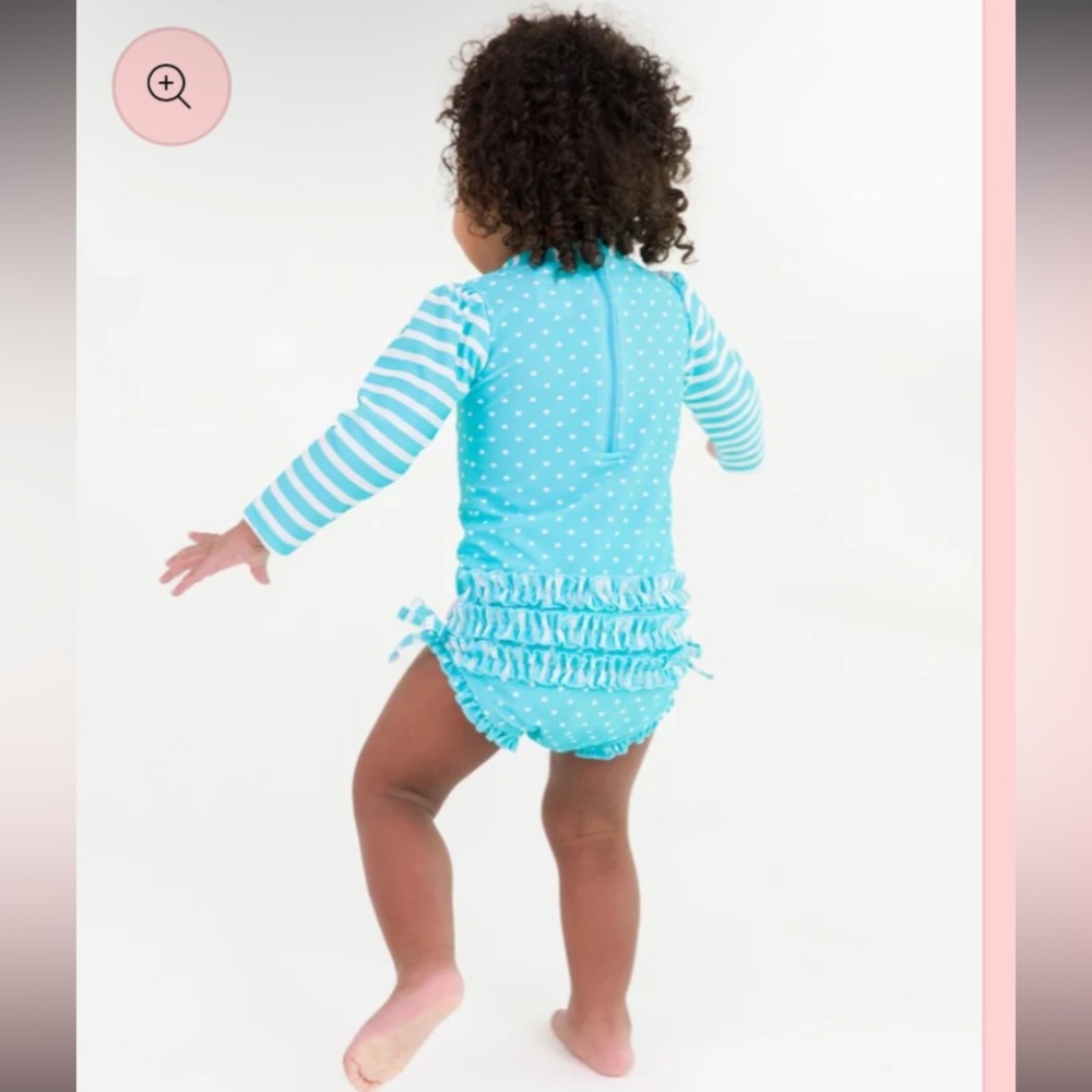 Ruffle Butts Aqua Heart Polka Dot One Piece Rash Guard Swimsuit size 3T